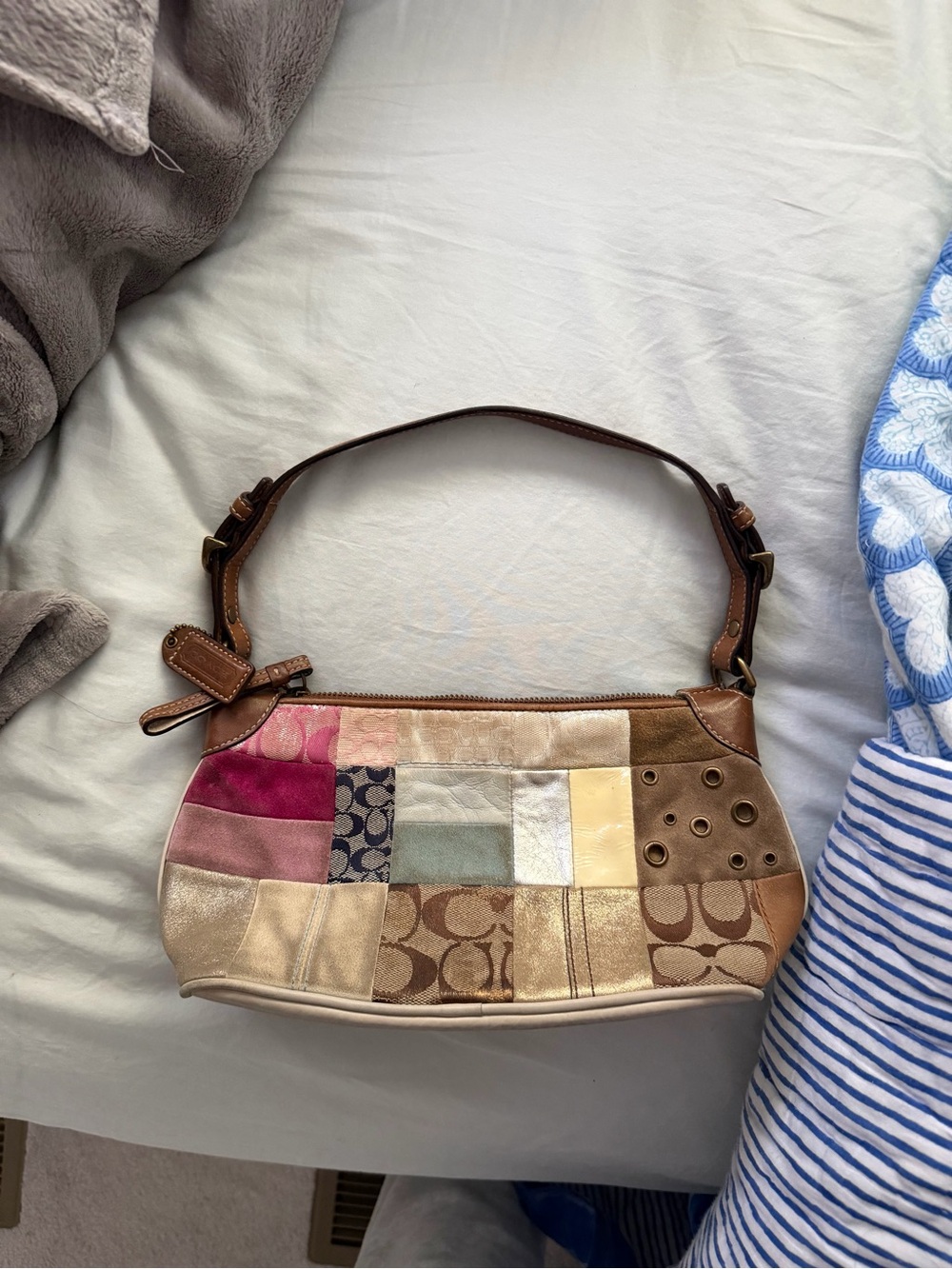 Coach Patchwork Shoulder Bag in Pink, Beige, Brown and Gold Tones